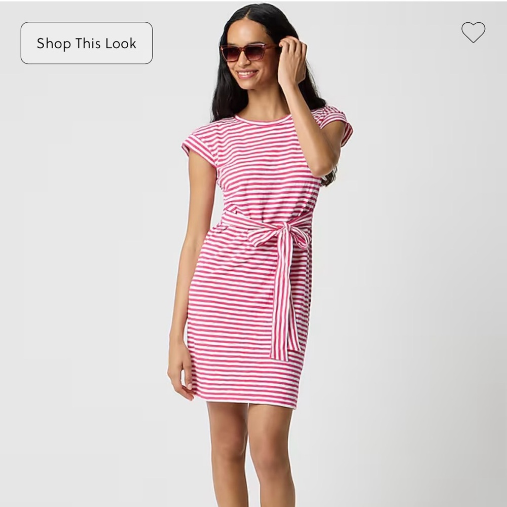 J Crew Striped Tie Waist Pink and White Cotton T-Dress